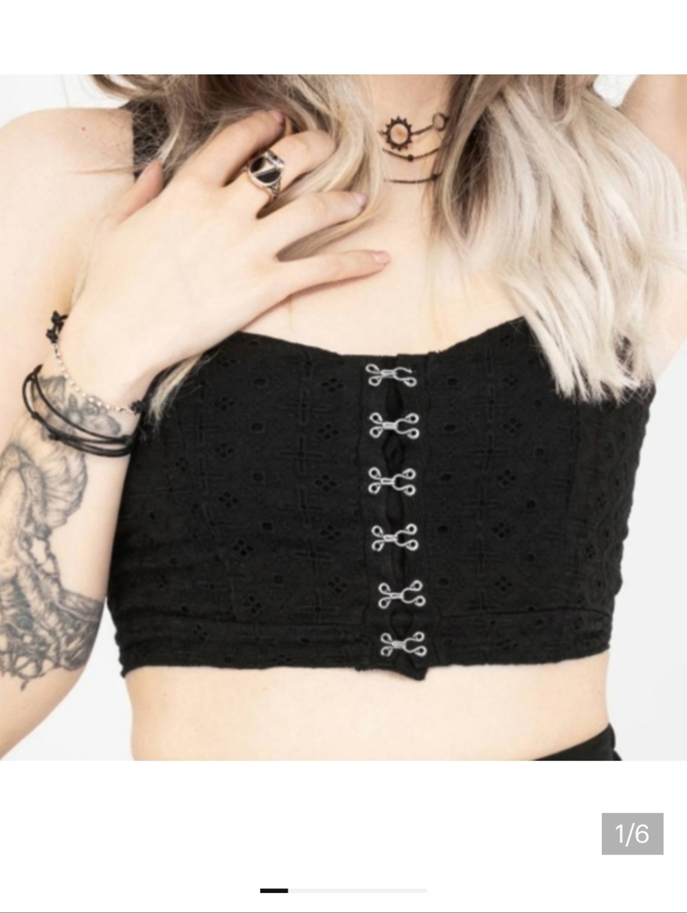 Disturbia Black Eyelet Hook-Front Crop Top Sz 8
